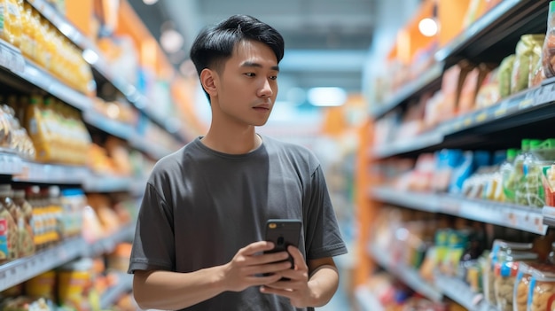 Un apuesto hombre asiático camina por el pasillo del supermercado revisando las estanterías y buscando comestibles de su lista de teléfonos móviles que sostiene en la mano