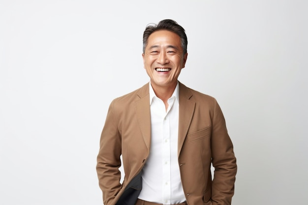 Apuesto hombre asiático de mediana edad riéndose con traje marrón brillante