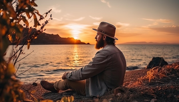 Apuesto hombre barbudo con sombrero y camisa sentado en la orilla del mar al atardecer