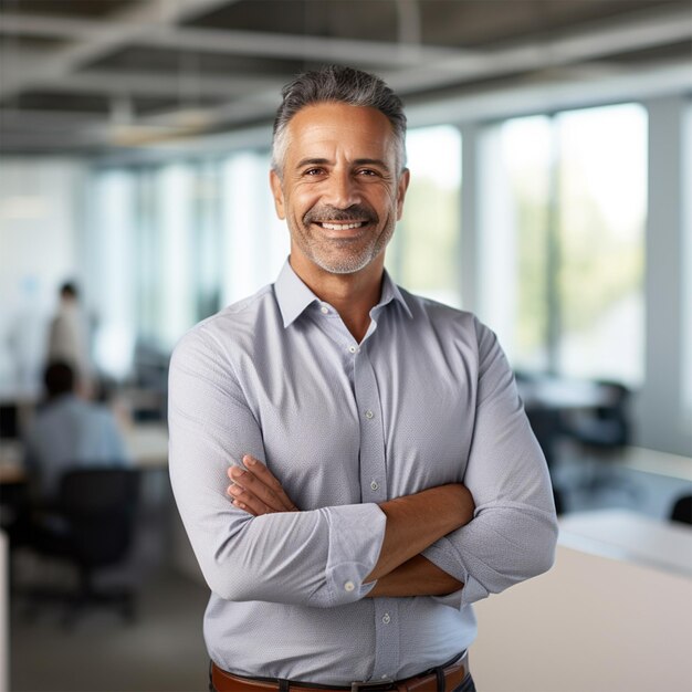 Un apuesto hombre de negocios con los brazos cruzados sonriendo a la cámara.