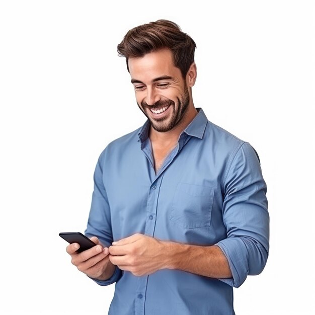 Foto apuesto hombre de negocios en camiseta azul con teléfono móvil aislado