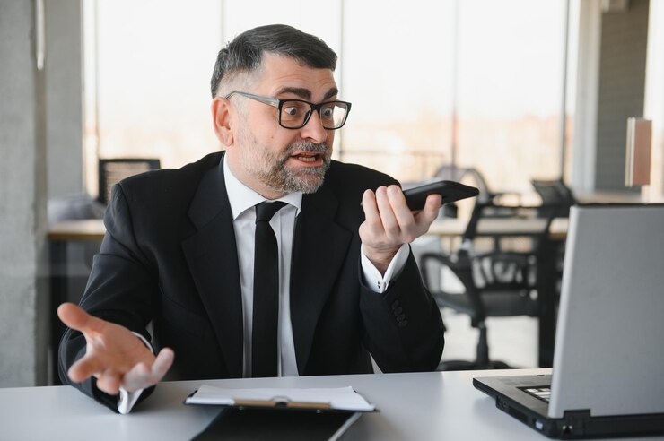 Foto un apuesto hombre de negocios estresado que trabaja en una oficina moderna gritando en la pantalla de un portátil y enojado por la situación financiera celoso de las capacidades rivales que no pueden satisfacer las necesidades de los clientes