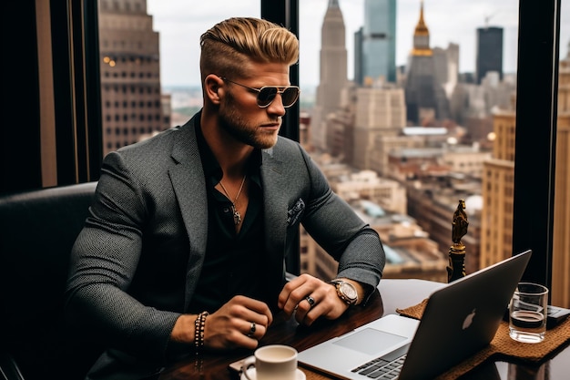 Un apuesto hombre de negocios pensativo sentado y usando una tableta en la oficina