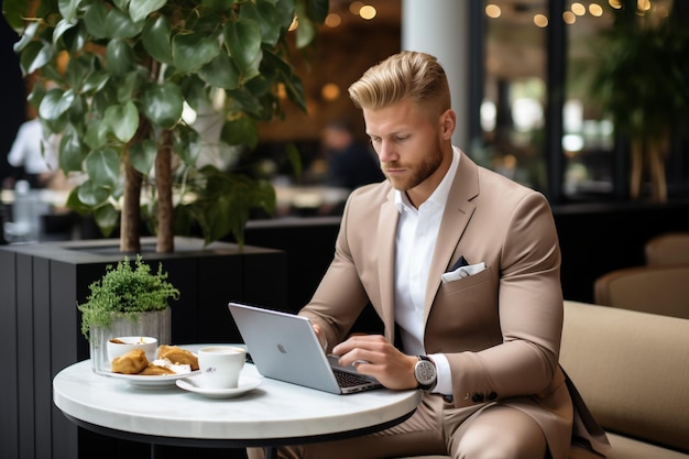 Un apuesto hombre de negocios pensativo sentado y usando una tableta en la oficina