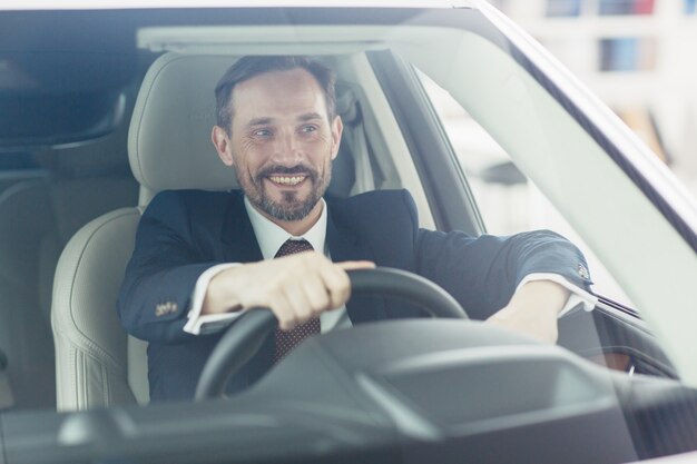 Apuesto hombre de negocios sentado en un auto