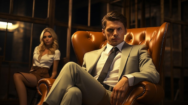 Apuesto hombre de negocios sentado en un sillón con una chica hermosa y sexy con IA generativa