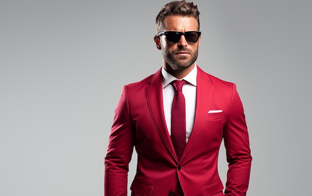 Un apuesto hombre de negocios vestido de rojo sobre un fondo blanco.