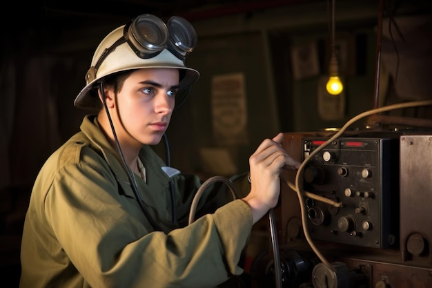 Un apuesto joven bombero operando una radio creada con ai generativa