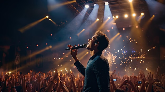 Un apuesto joven cantante sostiene un soporte de micrófono y actúa en un escenario de concierto