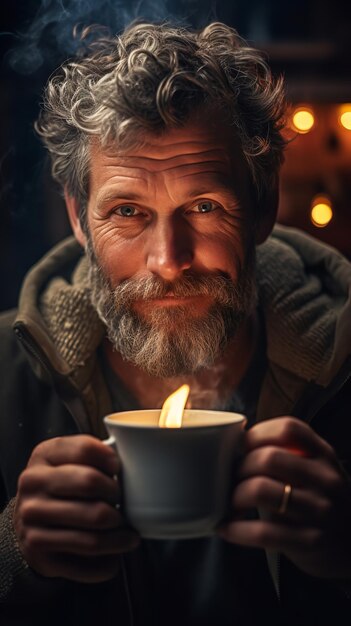 Apuesto joven disfrutando del sol de la mañana mientras sostiene una taza de café IA generativa