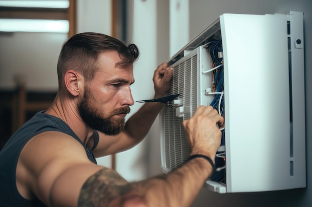 Apuesto joven electricista limpiando el filtro de aire en una unidad interior de aire acondicionado AI Generation