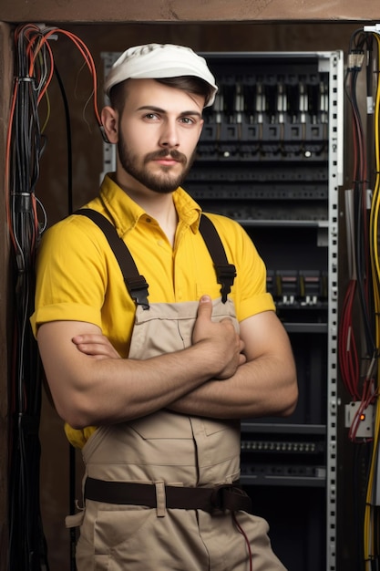 Apuesto joven electricista masculino con cableado creado con ai generativo