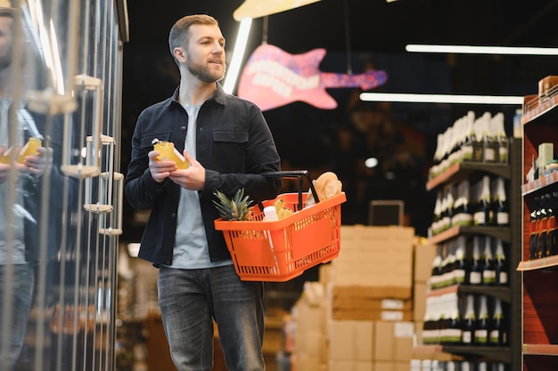 Apuesto joven eligiendo comida en el supermercado