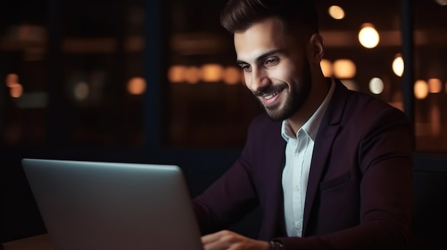 Apuesto joven hombre de negocios con computadora portátil y sonriendo y trabajando IA generativa