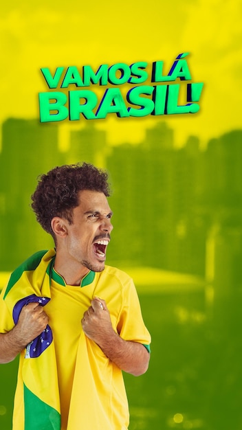 Apuesto joven negro jugador brasileño sosteniendo la bandera de Brasil en el fondo cinematográfico