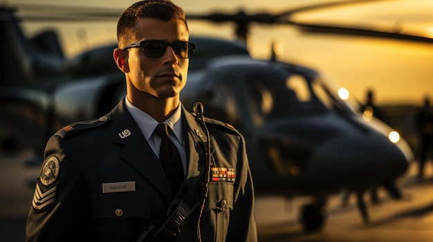 Un apuesto joven piloto uniformado parado frente al helicóptero al atardecer