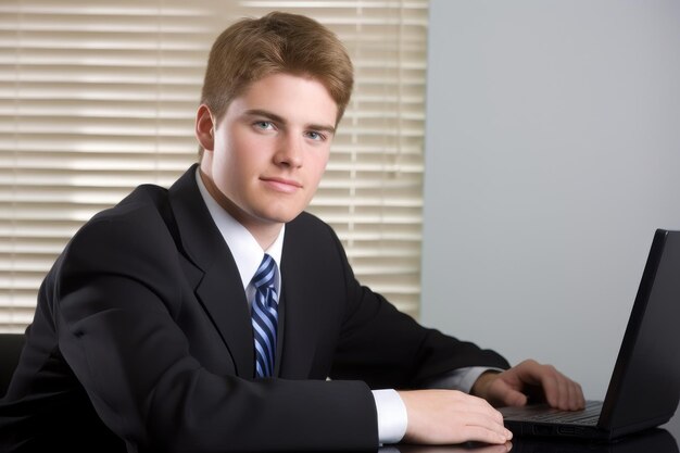 Un apuesto joven profesional de negocios sentado en su escritorio con una computadora portátil creada con IA generativa
