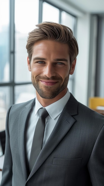 Un apuesto joven profesional en traje y corbata sonríe a la cámara