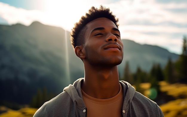 Apuesto joven respirando profundamente al aire libre