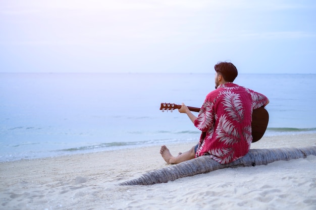 Apuesto joven tocando la guitarra en la playa