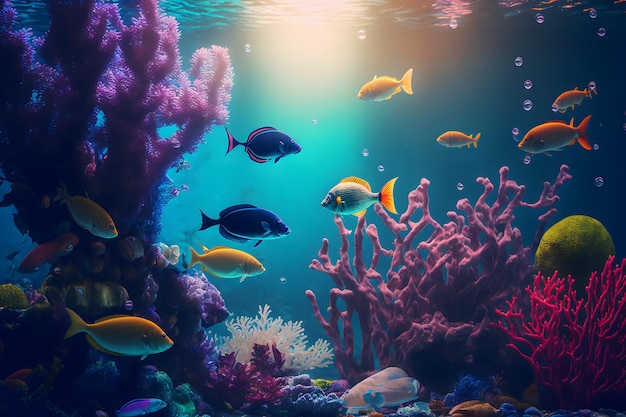 Aqua-Szene mit Korallen und vielen Fischen auf blauem Unterwasserhintergrund. Durch neuronale Netze erzeugte Kunst