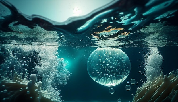 Aqua-Textur mit Luftblasen im Ozean an der Wasseroberfläche im Hintergrund