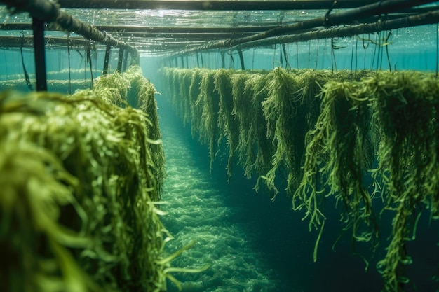 Aquakultur Algen, die auf Linien in einer Aquakulturfarm wachsen