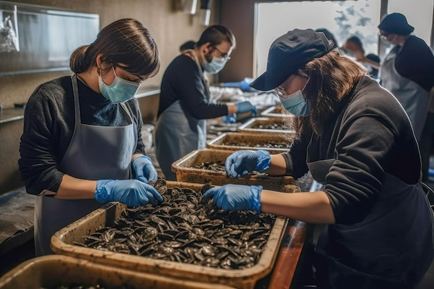 Aquakulturarbeiter verpacken frische Muscheln