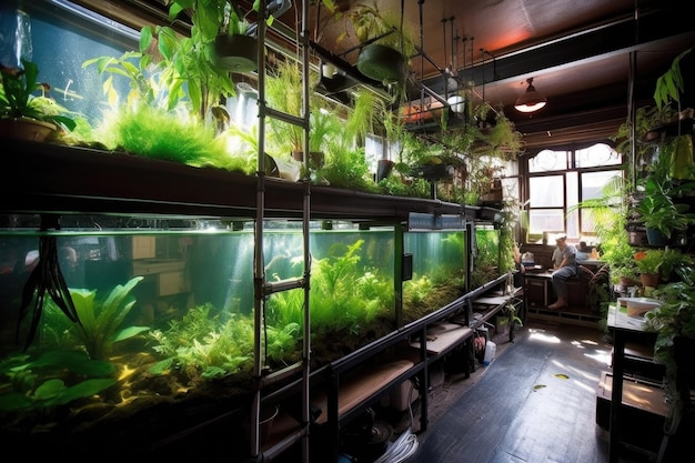 Foto aquaponik-setup, das fische und hydroponische pflanzen kombiniert, die mit generativer ki erstellt wurden