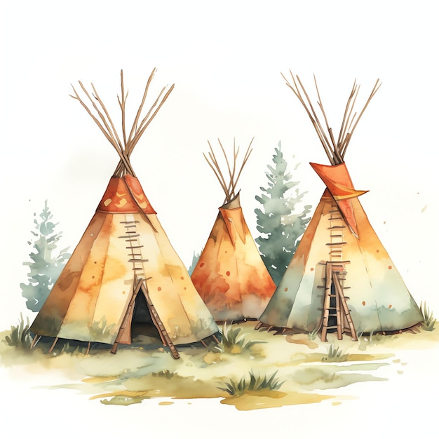 aquarela acampamento de teepee nativo americano oeste selvagem oeste cowboy ilustração do deserto