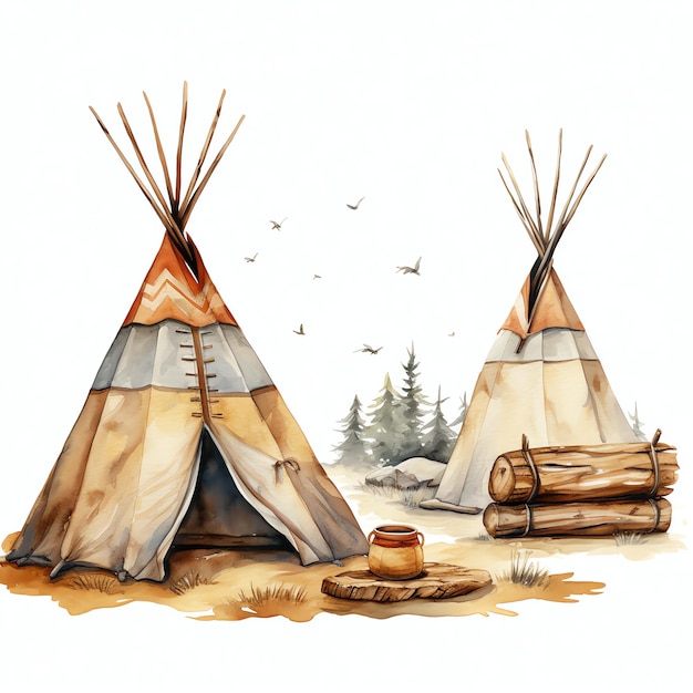 aquarela acampamento de teepee nativo americano oeste selvagem oeste cowboy ilustração do deserto