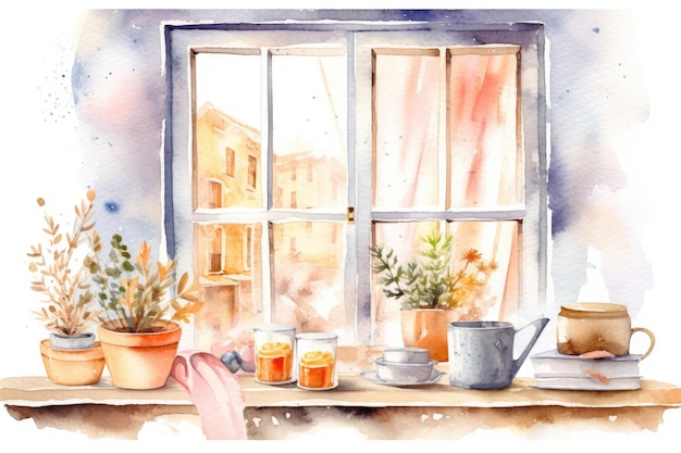 Aquarela acogedora ventana de la cocina de invierno