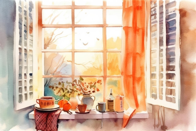 Aquarela acogedora ventana de la cocina de invierno