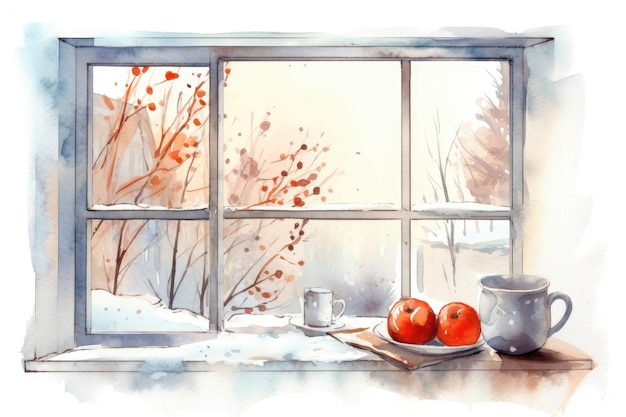 Aquarela acogedora ventana de la cocina de invierno