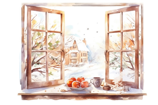 Aquarela acogedora ventana de la cocina de invierno