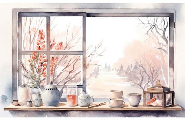 Aquarela acogedora ventana de la cocina de invierno