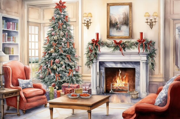 Aquarela aconchegante sala de estar de Natal clipart para recursos gráficos