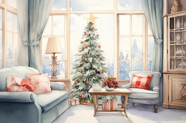 Aquarela aconchegante sala de estar de Natal clipart para recursos gráficos