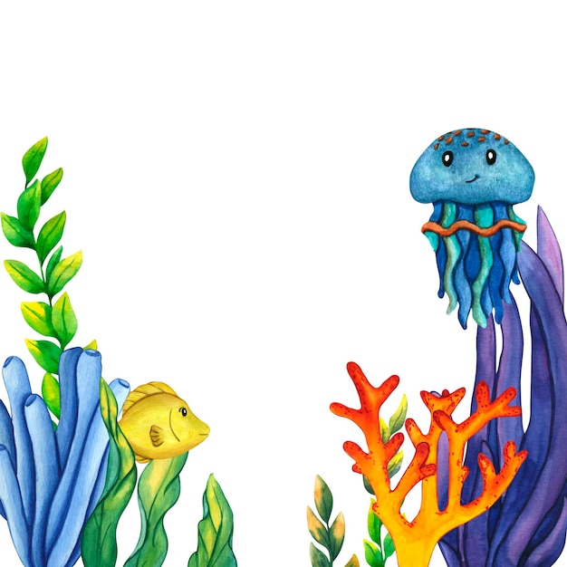 Foto aquarela águas-vivas verdes azuis algas e peixes amarelos bonitos ilustrações de grama e corais subaquáticos elementos de paisagem da natureza isolados em fundo branco para crianças impressão