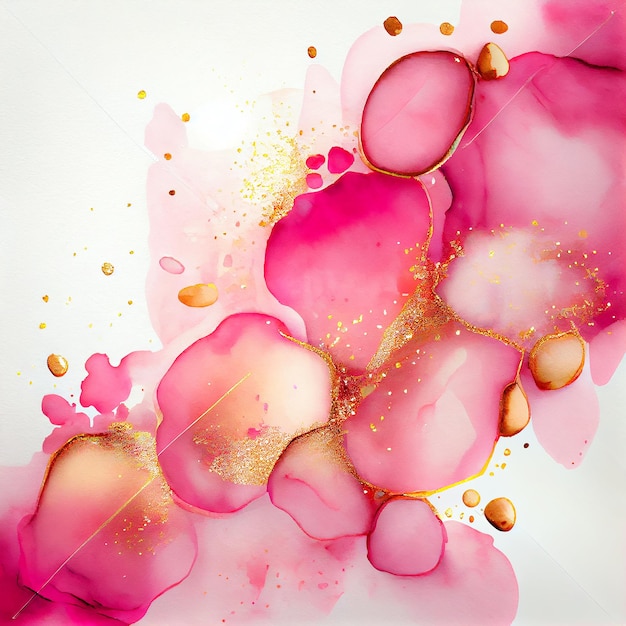 Aquarela álcool tinta rosa fundo com alguma ilustração dourada Generative AI