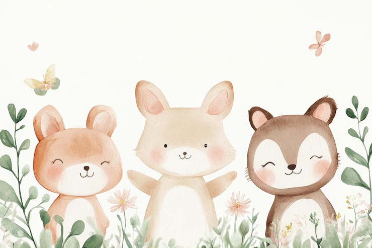 Foto aquarela animais bonitos em um prado floral com borboletas aquarela nursery art