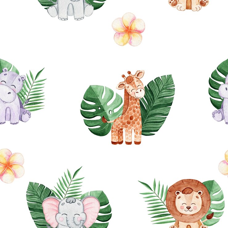 Foto aquarela animais de safári e folhas e flores verdes de palmeiras tropicais padrão sem costura em fundo branco para tecido têxteis marca convites scrapbooking embrulho