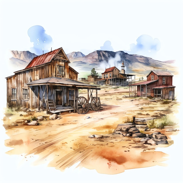 aquarela antiga cidade mineira oeste selvagem oeste cowboy deserto ilustração clipart