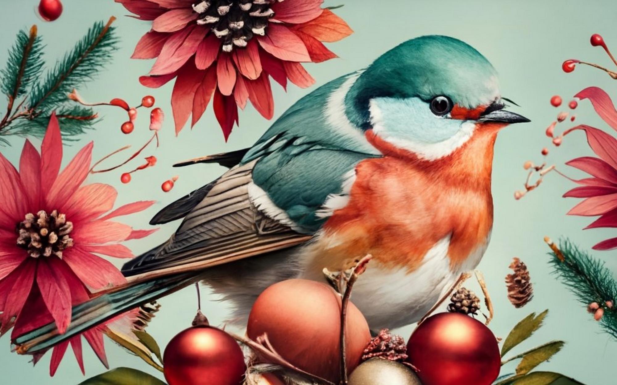 Aquarela árbol de Navidad y pájaro