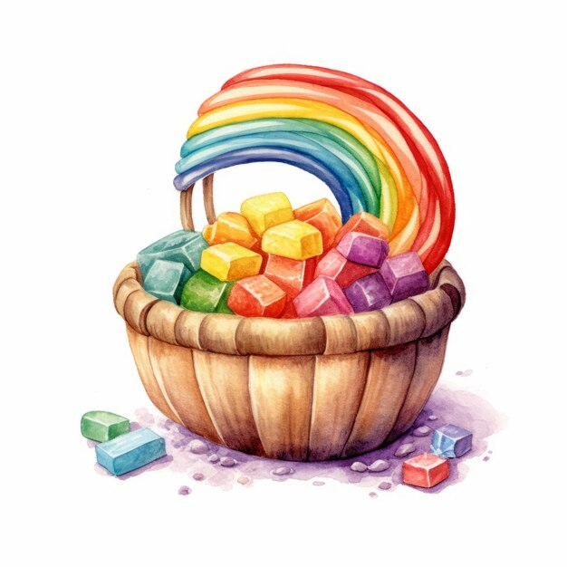Aquarela arco-íris com doces e pirulitos em fundo branco