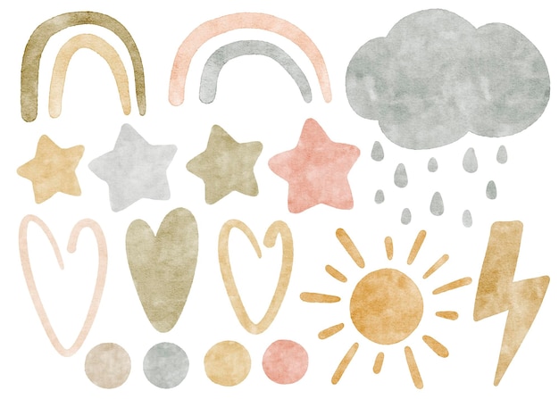Aquarela arco iris corazón estrella sol y nube gota de lluvia relámpago punto textura digital xAPerfecto para niña bebé