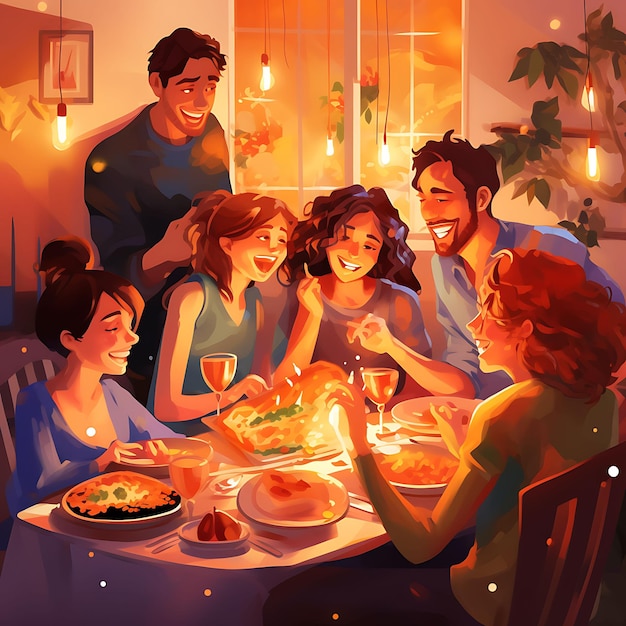 Foto aquarela arte do banquete parentes estendidos jantando animados derramando bebidas festival sto dongzhi