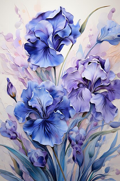 Foto aquarela arte de los iris flores púrpuras y azules con hojas y tallo verdes dr belleza marco húmedo