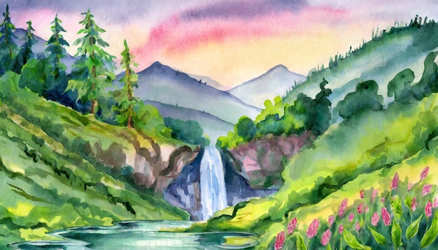 Aquarela Arte Pintura Vale Serenidade com Cascata Calmamente à noite