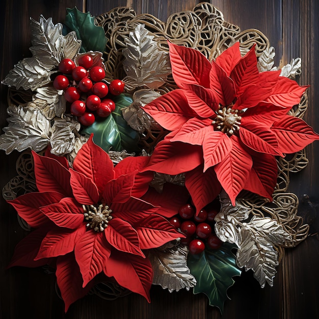 Aquarela Arte de las poinsettias con adornos de ornamentación y encaje Acentos rojos cálidos Belleza marco húmedo